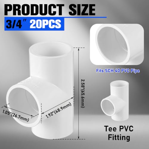 20 Pcs 3/4 Inch PVC Tee Fittings 3 Way - color: Tee, size: 3/4 Inch
