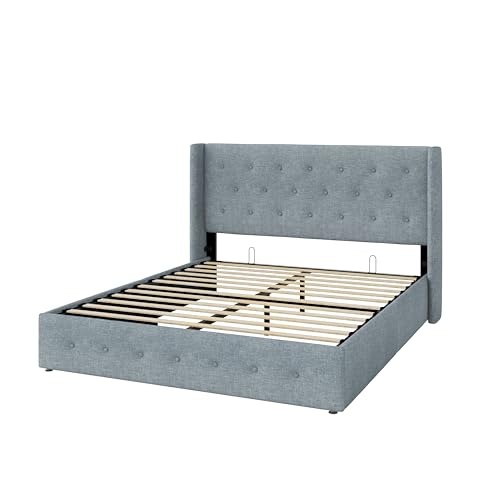 Allewie Full Size Lift Up Storage Button-Tufted Bed Frame Blue Grey - color: Blue Grey, size: Full, style: Traditional