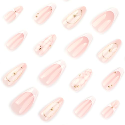 Mivota French Press On Nails Almond Medium, Fall Fake Nails Adorned with White Petal Accents and 3D Gold Lines Design, Glossy Gel Finish Acrylic Nails, Reusable Glue On Nails for Women, 24Pcs - color: 45-Smudged White with Gold Trim