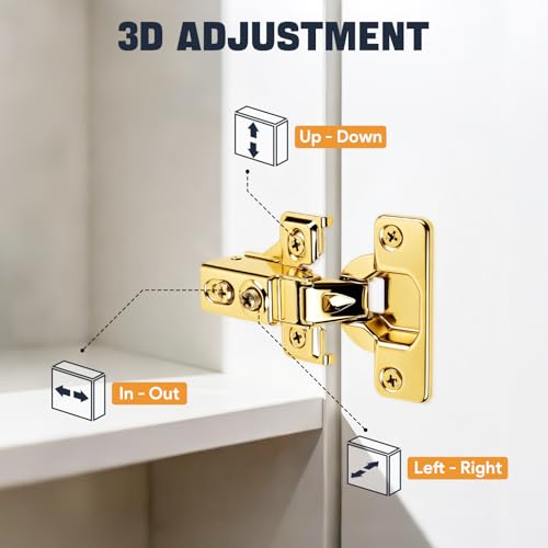 Mousike 30 Pack (15 Pair) Soft Close Cabinet Hinges, 1/2 Overlay Soft Close Hinges for Kitchen Cabinet, Stainless Steel, Built-in Damper, 100 Degree Opening Angle, 6 Way Adjustment (Gold) - color: Gold, size: 30 Pack