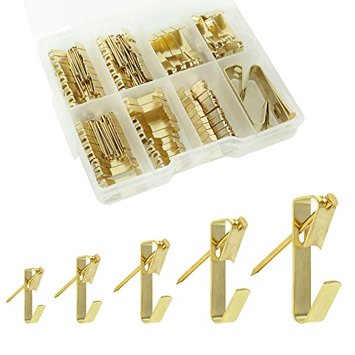 Picture Hanging Kit ， 10-100lbs Heavy Duty Picture Hangers ，140pcs Golden Picture Hanging Hooks，Picture Hooks Hardware for Picture Frame, Painting，Portraits , Mirror - size: 10-100lb