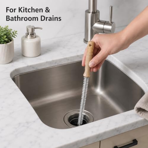 2 Pack Drain Cleaning Brush, 17 Inch Flexible Drain Cleaner Tool with Wooden Handle, Sink Brush with Nylon Bristles for Hair Clogs, Shower, Bathroom Tub, Kitchen Sink, Overflow Hole