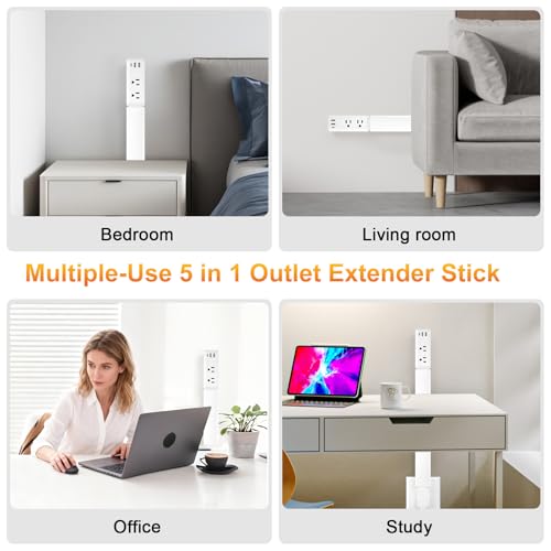 Outlet Extender, Electrical Outlet Extender Stick 22-34" Extendable 180° Rotating Wall Charger, EDIEBE USB C Power Socket Expander with 2 AC, 2 USB-A & 1 USB-C for Home Office Behind Couch