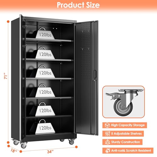 Aobabo Metal Garage Storage Cabinet with Wheels, 71" H, Black - color: Black, size: 18"D x 34"W x 71"H-0 Drawers
