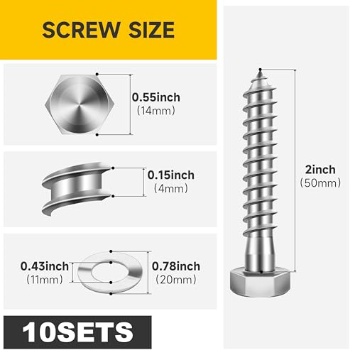 (10Sets) 3/8" x 2" Hex Head Lag Bolts, Heavy Duty Lag Screws with Washers, 304 Stainless Steel Bolts 18-8, Lag Screws Wood Screws, Partial Thread Bright Finish, 3/8 Bolt by Mywish - size: 3/8 x 2" (10 set)