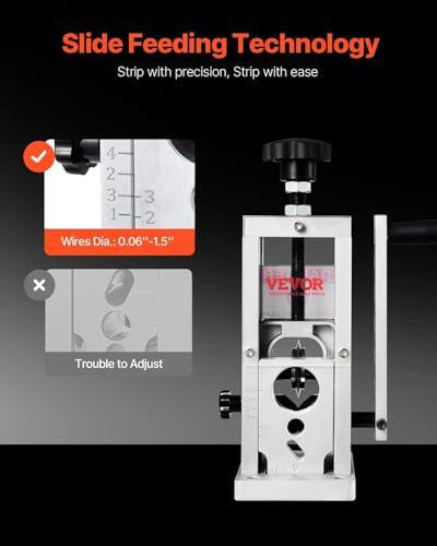 VEVOR Manual Wire Stripping Machine, 0.06''-1.5'' Copper Stripper with Hand Crank or Drill Powered, Visible Stripping Depth Reference, Portable Aluminum Frame Wire Peeler for Scrap Copper Recycling - size: 0.06''-1.5''