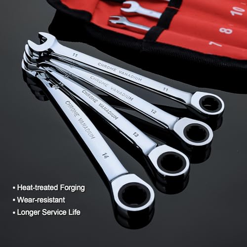 Egofine 8-Piece Ratcheting Wrench Set, Cr-V Steel Mertic Wrench Set from 7mm to 17mm wrench, 72 Teeth Ratchet Wrench, 12 Point Open End & Box End Combination wrench set with Roll Up Pouch - size: Metric-8 piece set