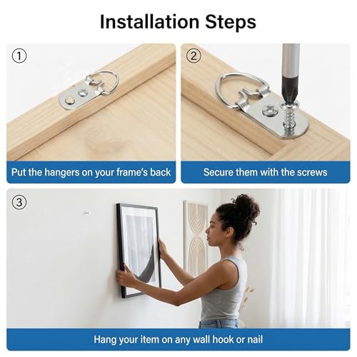 TOPZEA 100 Pack D-Ring Picture Hangers with Screws, 2-Hole Heavy Duty Steel Frame Hanging Hardware Kits Hang Solution for Mounting Picture Frame, Mirror, Clock, Painting, Wall Artwork, Support 40 lbs