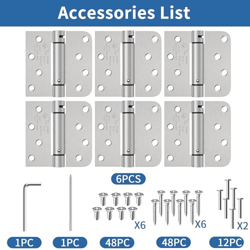 4 Inch Self Closing Door Hinges, Brushed Nickel Spring Loaded Hinges 6 Pack - color: Brushed Nickel, Square & 5/8" Radius, size: 4" 6 Pack