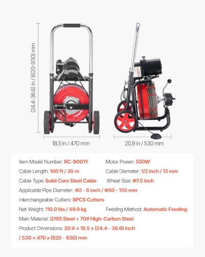 VEVOR Drain Cleaner Machine 100 FT x 1/2 Inch, Auto Feed Sewer Snake Auger on Wheels - with 8 Cutters & Air-Activated Foot Switch for 2" to 6" Pipes - style: 100 FT x 1/2''
