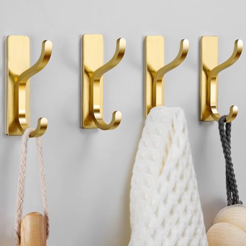 Adhesive Wall Hooks for Towel/Coat,13Lb Strong Stick-On Hooks, Gold 4 Pack - color: Gold, size: 4 Pack