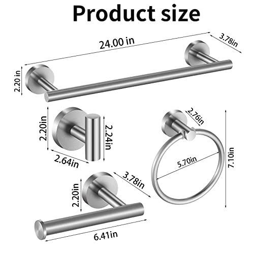 Brushed Nickel Bathroom Hardware Set, 24 Inch Towel Bar Set 10 Pieces Bathroom Accessories Set Includes Includes 2 Packs 24 Inch Towel Bar, Towel Ring, Toilet Holder and 4 Packs Towel Hooks - color: Brushed Nickel-10pcs-24inch