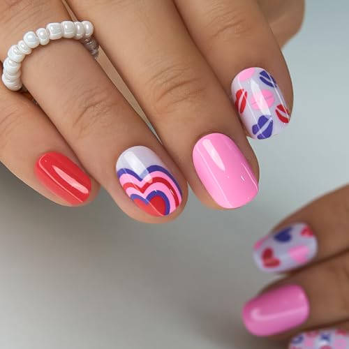 CurvLife Extra Short Square Heart Design Press On Nails, Valentine Hearts - color: E8 - Cute Heart and Kiss Nails