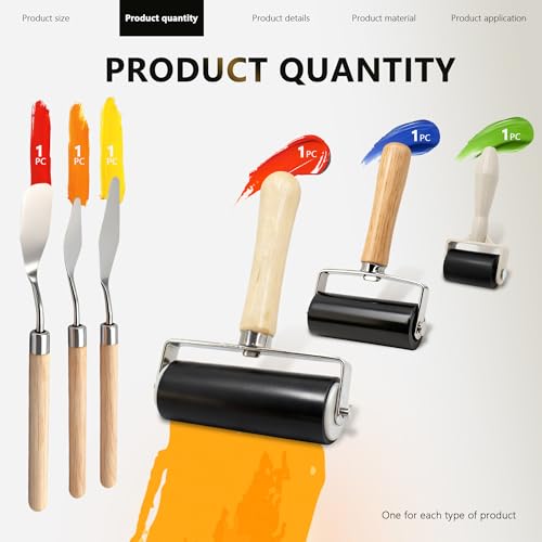 6 Pack Rubber Brayer Roller Kit, 3 Sizes Rubber Rollers with 3 Scrapers for Printmaking Wallpaper Ink Stamping Gluing Oil Painting Plastic Relief Crafting Art DIY - 1.4 in, 2.4 in, 4 in - size: 1.4", 2.4", 4"