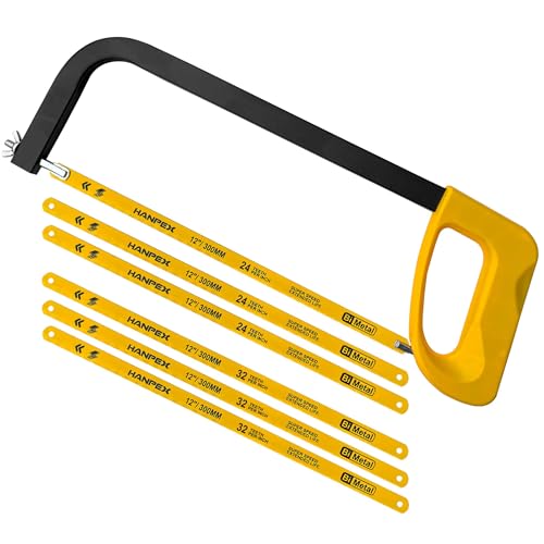 Hanpex 12in. High-Tension Hacksaw Frame with 5pcs Extra Bi-metal Blades, Hand Saw Suitable for Metal, wood, PVC, Carpentry - style: Hacksaw with 5pcs Bi-metal blades