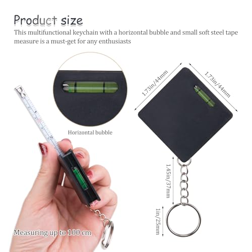 3Pcs Compact Mini Keychain Tape Measure Portable Square Bubble Level Steel Ruler Combo Precision Measuring Tool Keychain for Home Use(1 Meter)