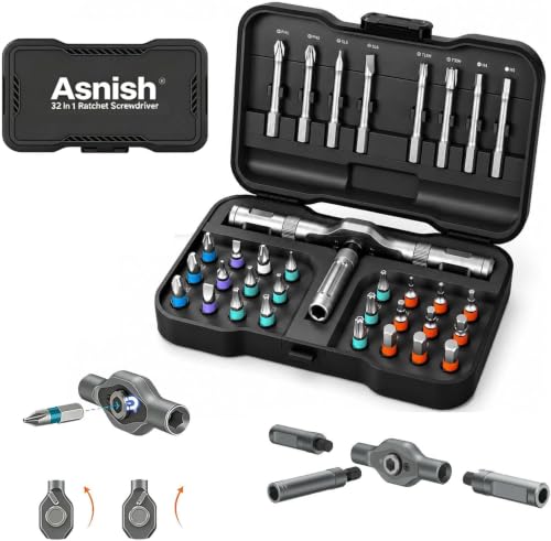 Asnish 34 in 1 Magnetic Screwdriver Set with Ratcheting Multi Bit - color: Black-gray, size: 34 In 1