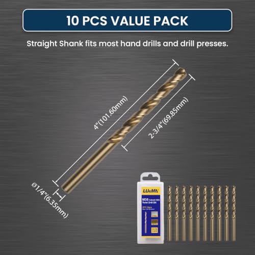 LU&MN M35 Jobber Drill Bits, 1/4", 10 Pcs - size: 1/4 in