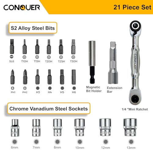 CONQUER 21-Piece 1/4" Drive Mini Ratchet Spline Socket Set, SAE/Metric - style: 21 PC Spline Socket Set