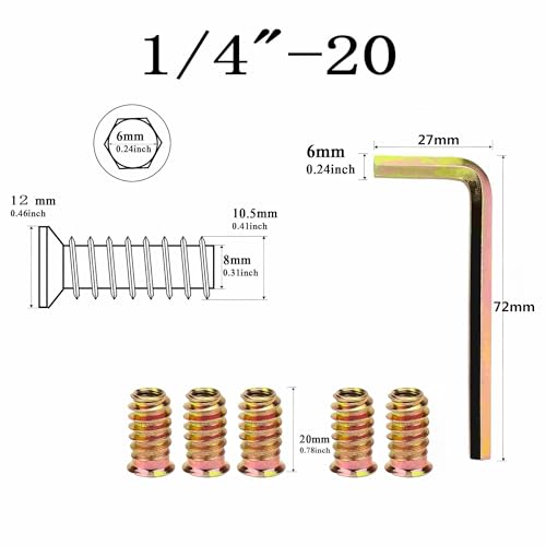 20Pcs 1/4"-20 x 20mmMetal Nut Inserts Threaded Wood Bolt Fastener Screw Connector Hex Socket Drive for Wood Furniture Building Repair Assortment (with Hex Spanner) - size: 1/4"-20 x20mm