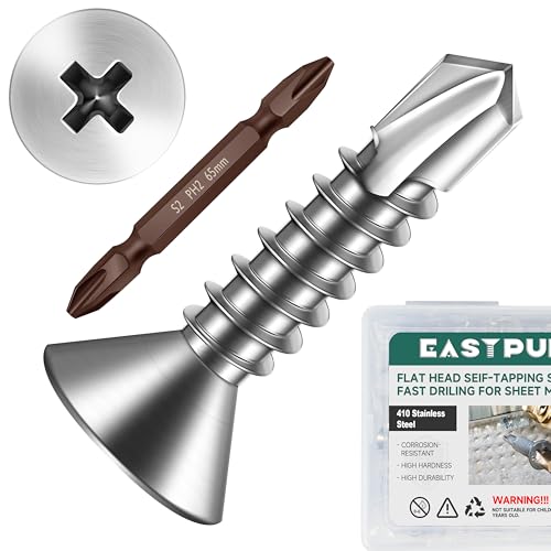 400pcs #8 x 3/4 Sheet Metal Self Tapping Screws Assortment Kit, 410 Stainless Steel Flat Head High-Strength Fast Self-Drilling Screws, Bright Finish - size: #8x3/4"