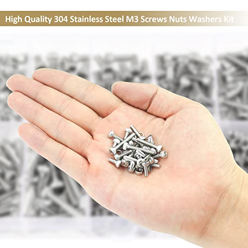 542 Pieces M3 x 6/8 /12/16 /20/25 /30mm Hex Socket Head Cap Screws Nuts Washers Assortment Kit, 304 Stainless Steel, Fully Machine Thread - size: M3, style: Socket Head