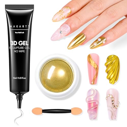 Makartt 15g 3D Nail Gel & Gold Chrome Nail Powder Kit for Sculting and Drawing - color: A04-Clear 3D Nail Gel & Gold Chrome Nail Powder