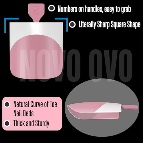 NOVO OVO French Tip Toe Nail Tips Press on, Sharp Square Pre-Designed Soft Gel False Toenail Extension, BERRY PINK Pre-applied Tip Primer & Base Coat, Full Cover Acrylic for DIY x 15 Sizes 240 pcs - color: Sharp Square French Tip Berry Pink