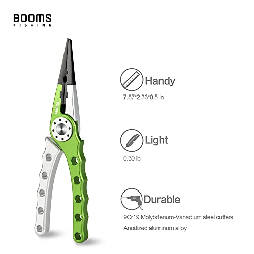 Booms Fishing X1 Aluminum Fishing Pliers Saltwater, Surf Fishing Tackle Kit, Fishing Multitool Hook Remover Braided Fishing Line Cutting and Split Ring with Coiled Lanyard and Sheath - color: Green&silver