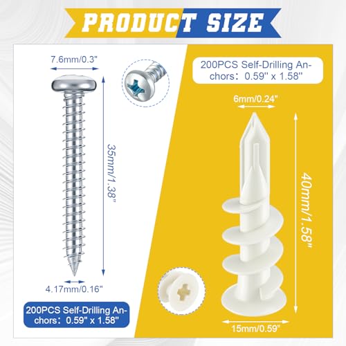 Glooglitter 400 Pcs Self Drilling #8 Drywall Anchors Bulk and Screws Set Nylon Heavy Duty 75lb No Pre Drill Hole for Hanging Shelf Picture Decor with Storage Case(Regular Anchor Non Split) - style: Regular Anchor Non Split