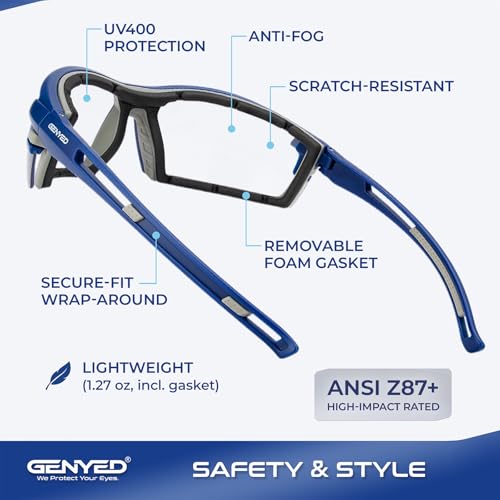 GENYED Safety Glasses ANSI Z87+ with Removable Foam Gasket, Clear Lens, Anti-Fog, Scratch-Resistant, UV400 Wraparound Protective Eyewear for Work, Construction & DIY