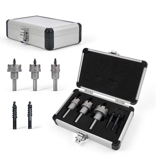 5PCS Carbide Hole Cutter Kit, Hole Saw Set with 2 Pilot Drill Bits & Aluminum Storage Case, 7/8", 1-1/8", 1-3/8" Metal Hole Saw Kit for Stainless Steel, Sheet Metal, Iron, Aluminum & Electricians