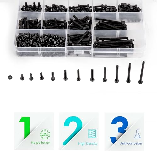 440 Pcs M3 Small Metric Screws with Nuts, Hex Socket Head Cap and Nut Assortment Kits, Alloy Steel Replacement Machine Fastener Screws and Bolts Nuts (440Black) - color: 440Black