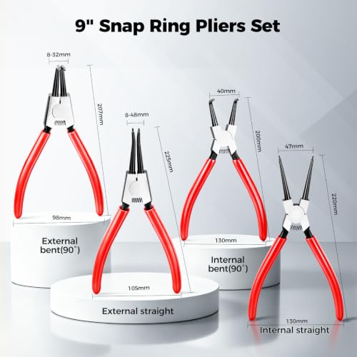 BILITOOLS 4PC 9" Internal & External Snap Ring Pliers Set - size: 9'' Internal & External Snap Ring Pliers Set