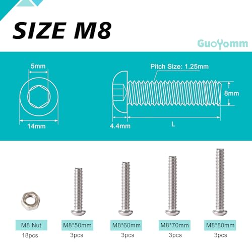 30PCS M8 x 50mm 60mm 70mm 80mm, Button Head Socket Cap Screws Bolts Nuts Kit, Stainless Steel 304, Metric Allen Hex Drive, Fully Threaded - size: Button M8x50/60/70/80mm