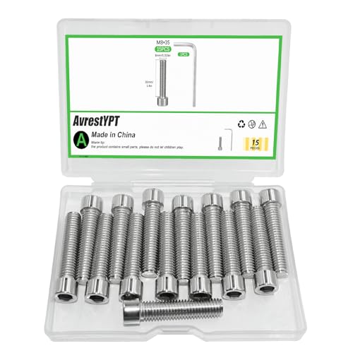 15 Pcs M8 x 35mm Stainless Steel Allen Socket Head Cap Screws, Full Thread Metric Fasteners, Bright Finish for Automotive & Machinery Use - size: M8x35mm-15Pcs