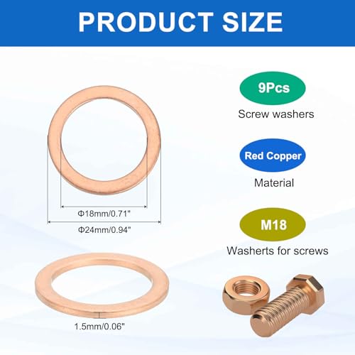 MECCANIXITY 9Pcs Flat Washer, M18 Copper Washers Copper Sealing Ring Crush Washer Kit Assortment, 18mm ID, 24mm OD, 1.5mm Thick for Bolts Screws Machinery Repair - size: 18mmx24mmx1.5mm