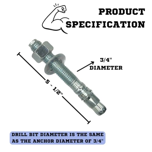 MIGHTY FASTENERS Zinc-Plated Steel Wedge Anchors, 3/4" X 5-1/2" - Heavy-Duty Mounting Bolts for Concrete - 50 Pack - size: 3/4" X 5-1/2"