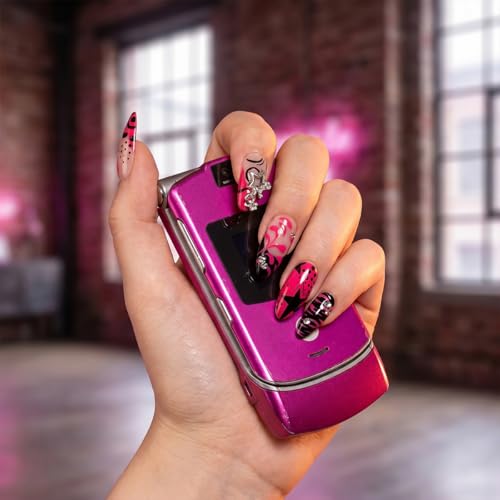 Medium Almond Press On Nails Pink with Y2K Star Rhinestones Curve Lines - color: Style1