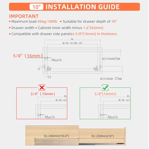 10 12 14 16 18 20 22 24 Inch Bottom Mount Soft Close Drawer Slides Full Extension Concealed Rails Track 100 lb Load Capacity 1 Pair (Soft Close Without Bracket, 10 Inch (250 mm)) - color: Soft Close Without Bracket, size: 10 Inch (250 mm)
