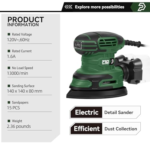 Prostormer Detail Sander, 13000RPM Mouse Sander, 1.6A Electric Palm Sanders - color: Green