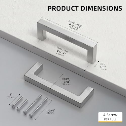 Goldenwarm 3-3/4 Inch 10 Pack Brushed Nickel Cabinet Pulls Kitchen Handles - color: Brushed Nickel, size: 3 3/4'' Hole Center
