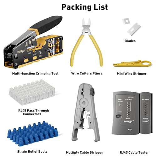 Ethernet Crimping Tool Kit RJ45 Crimp Tools,CAT5 Cat5e Cat6 RJ45 Crimping Tool Kit With Cable Tester, Multiply Stripper, Blades,50Pcs Cat 6 Pass Through Connectors and Strain Relief Boots