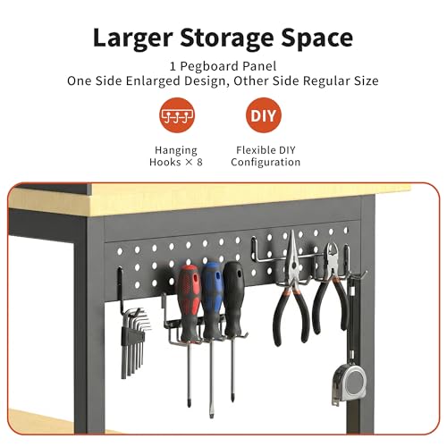 60" Adjustable Height Workbench,9-Level Heavy Duty Work Bench with Storage Shelf Pegboard LED Light & Built-in Power Strip, 2010 lbs Load Capacity Rolling Tool Bench for Garage Workshop