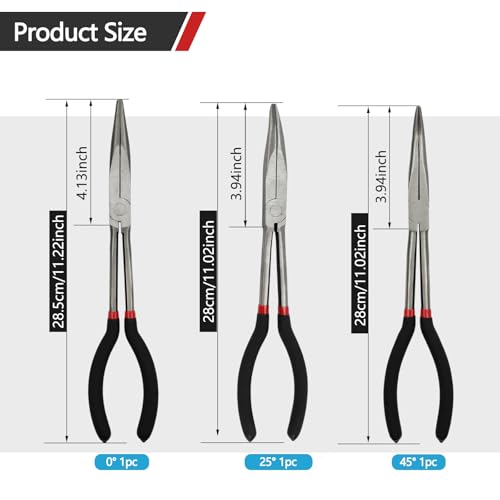 3-Piece 11" Extra Long Nose Pliers Set with Insulated Comfort Grip Handles - size: 3 Pieces - 11" - Straight/25°/45°