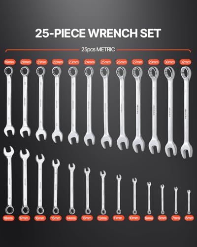 VEVOR 25-Piece Metric Combination Wrench Set, 6-32mm, Open End, Carbon Steel, with Roll-up Pouch, Ideal for Household, Garage, Workshop, Auto Repairs - size: 25PCS (Metric), style: Regular