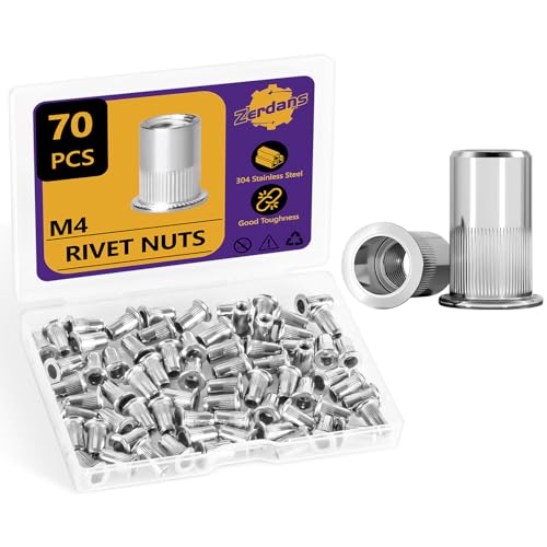 70Pcs M4-0.7mm Rivet Nut Set Flat Head 304 Stainless Steel | High Ductility, For Auto, Furniture & Industrial Use, Storage Case Included. - size: 70Pcs-M4