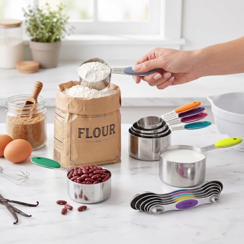 TILUCK measuring cups and magnetic measuring spoons set, stainless steel measuring cups, 6 double-sided stainless steel measuring spoons & 1 leveler (12)
