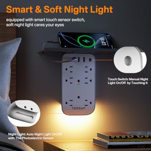 TESSAN Wall Outlet Extender with Shelf and Dimmable Night Light,