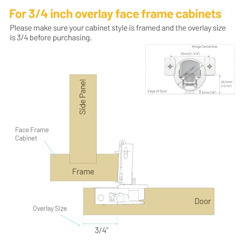 Furniware 20 Pack 10 Pairs 3/4 inch Overlay Soft Close Hinges for Face Frame Kitchen Cabinet Hinges Satin Nickel - 3 Way Adjustability Concealed Soft Close Hinges Damper Self Closing - size: 3/4 inch Overlay